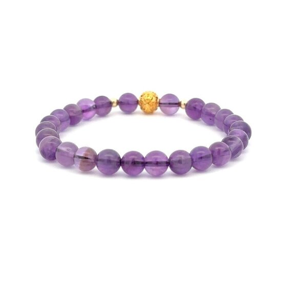 18K Gold Money Ball Lucky Charm Beads Bracelet Gemstones Amethyst 6mm - Picture 3 of 9